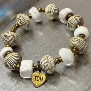 "Pure Lovez" Haitian Clay beads Handmade white and gold bracelet EUC